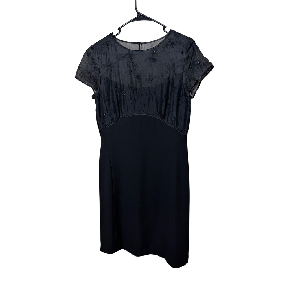 Anne Stanley Black Silk Embroidered Beaded Cocktail Dress Womens 10 Short Sleeve